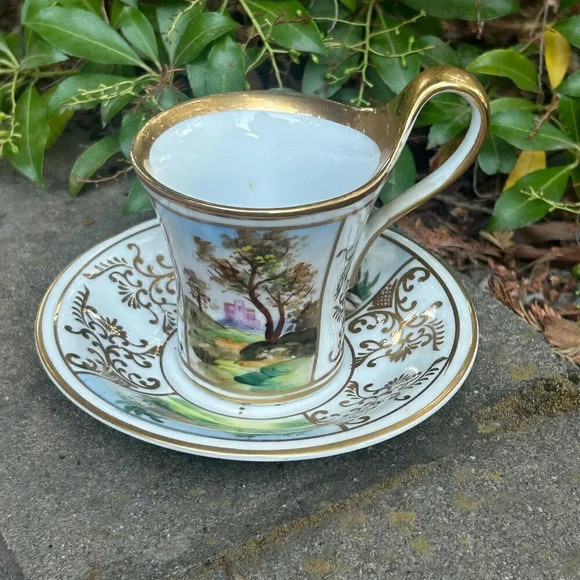 Vintage Hand Painted Porcelain Landscape Cup and Saucer Gold Trim - Picture 2 of 10